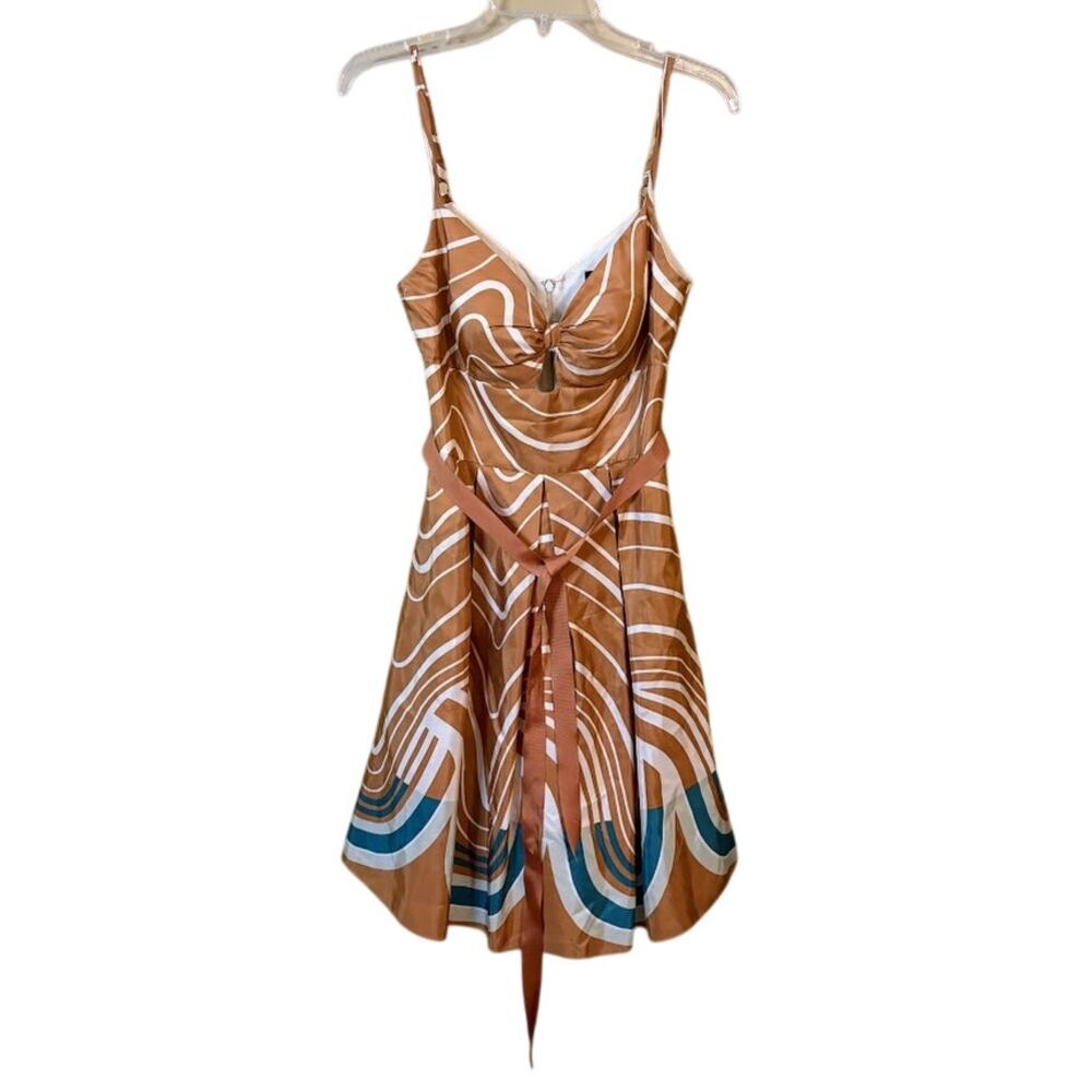 Max&Cleo Gold Abstract Print Sleeveless Fit and Flare Silk Cocktail Dress Size 4